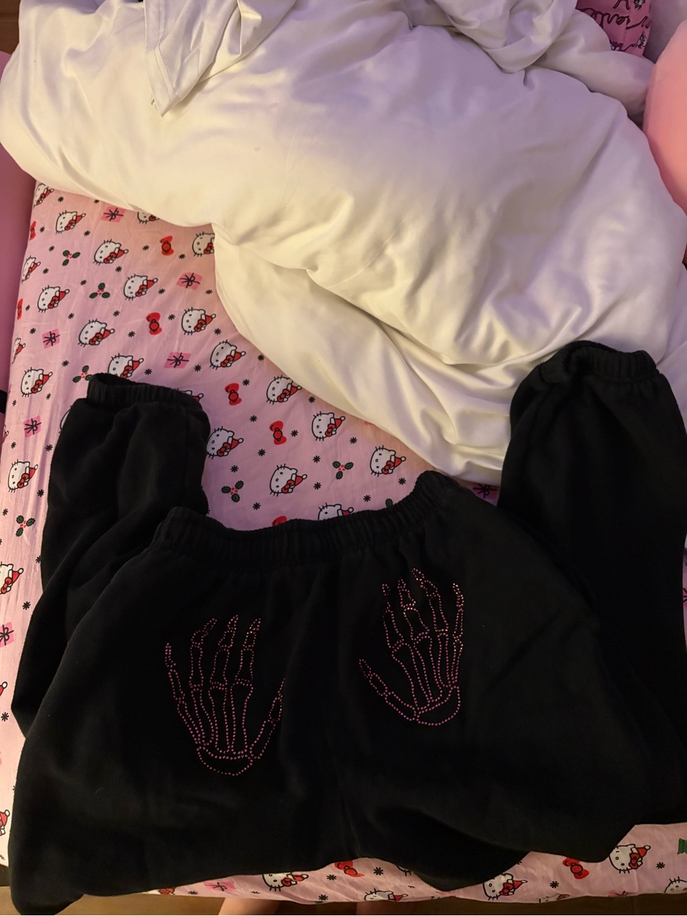 Victoria secret PINK Black sweatpantswith Pink Rhinestone Skeleton Hands